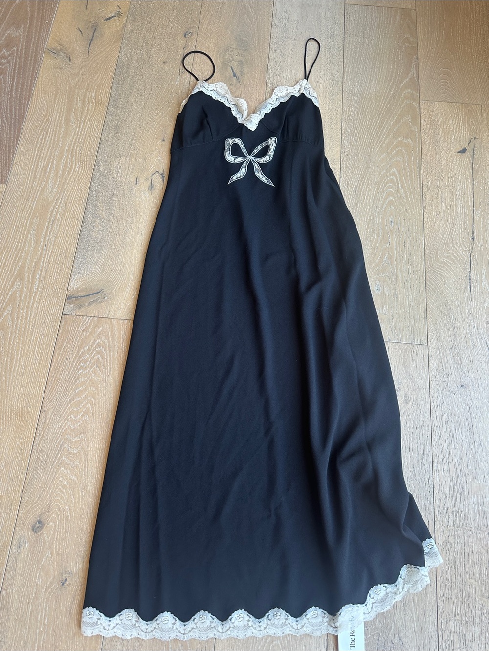 Love Shack Fancy Black Lace-Trim Slip Dress with Bow Detail